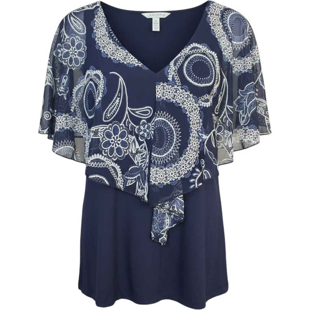 Espresso Navy Paisley Layered Blouse‎ Women's Small Asymmetrical Overlay Top